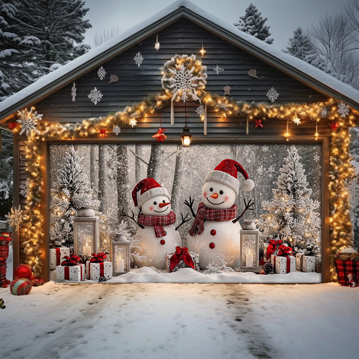 Christmas Garage Door Banner Decoration - Winter Forest Happy Snowman Couple