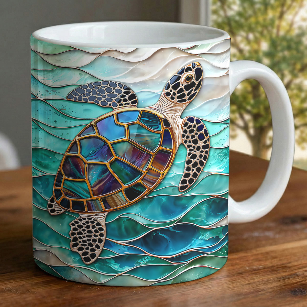 Sea Turtle Ceramic Mug Iridescent Sea Turtle In Turquoise Tides