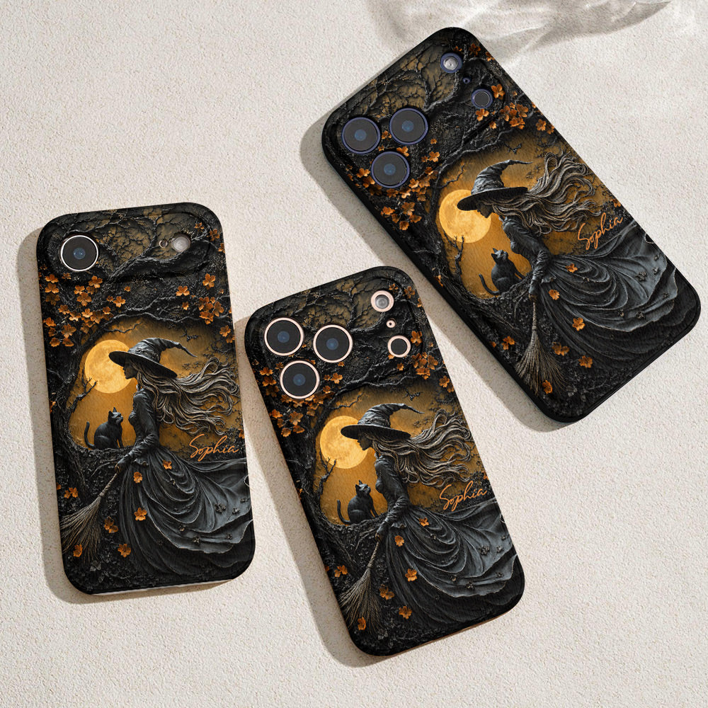 Witch Beneath the Autumn Moon Personalized Leather Phone Case Halloween Gift