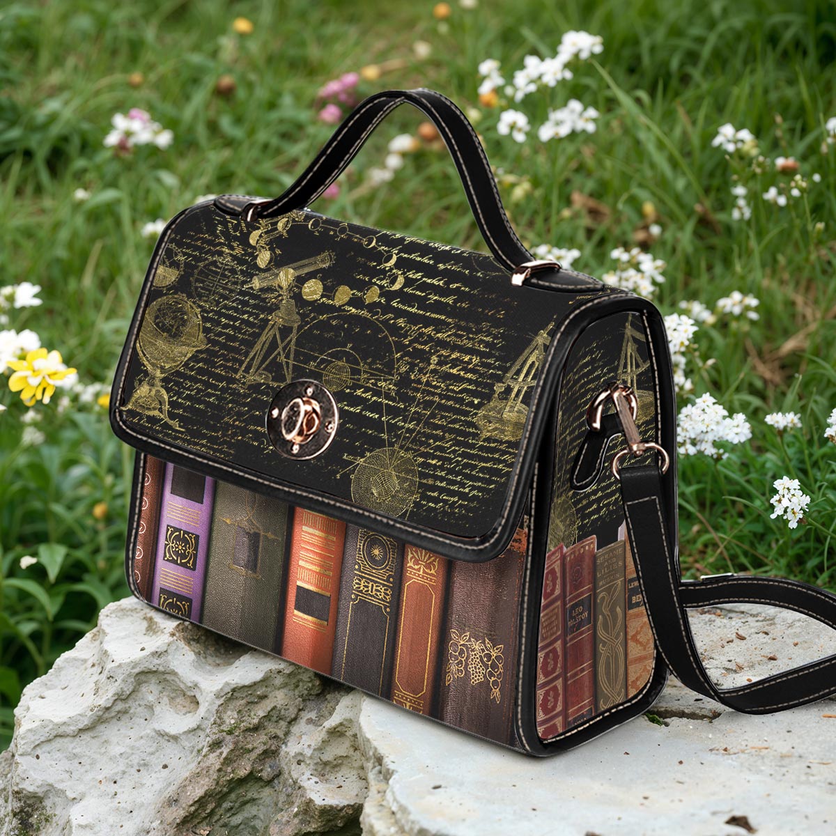 Book Satchel Handbag Old Books Galileo Manuscript Black