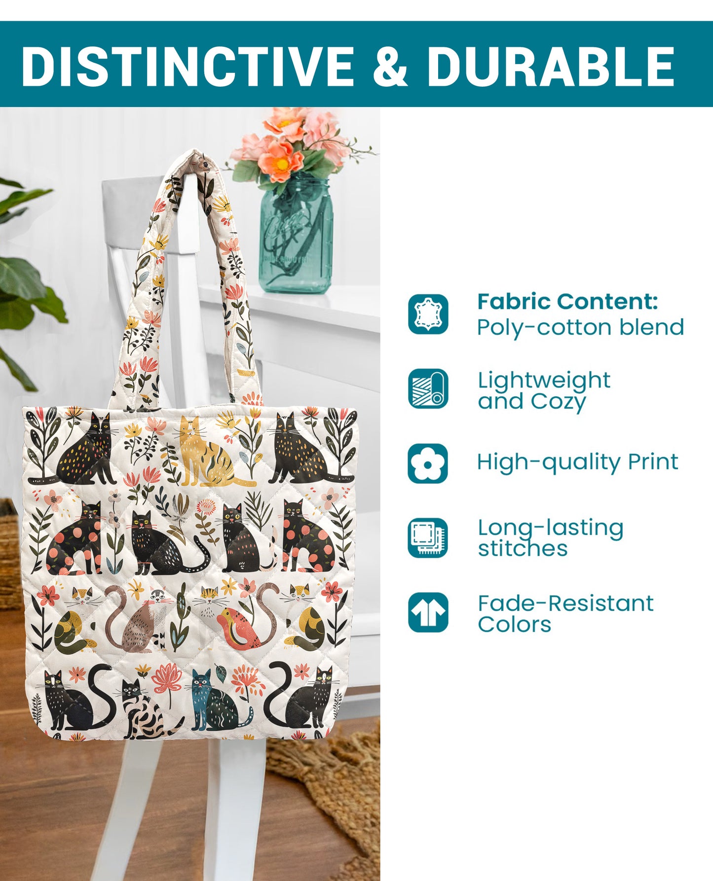 Cat Lover Quilted Tote Bag Botanical Cat Bliss