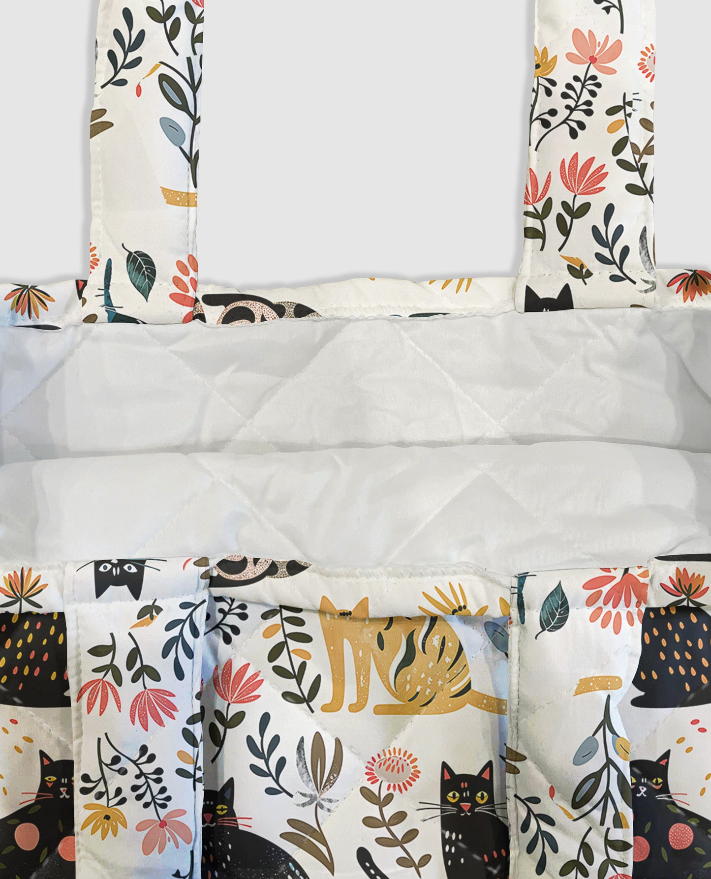 Cat Lover Quilted Tote Bag Botanical Cat Bliss