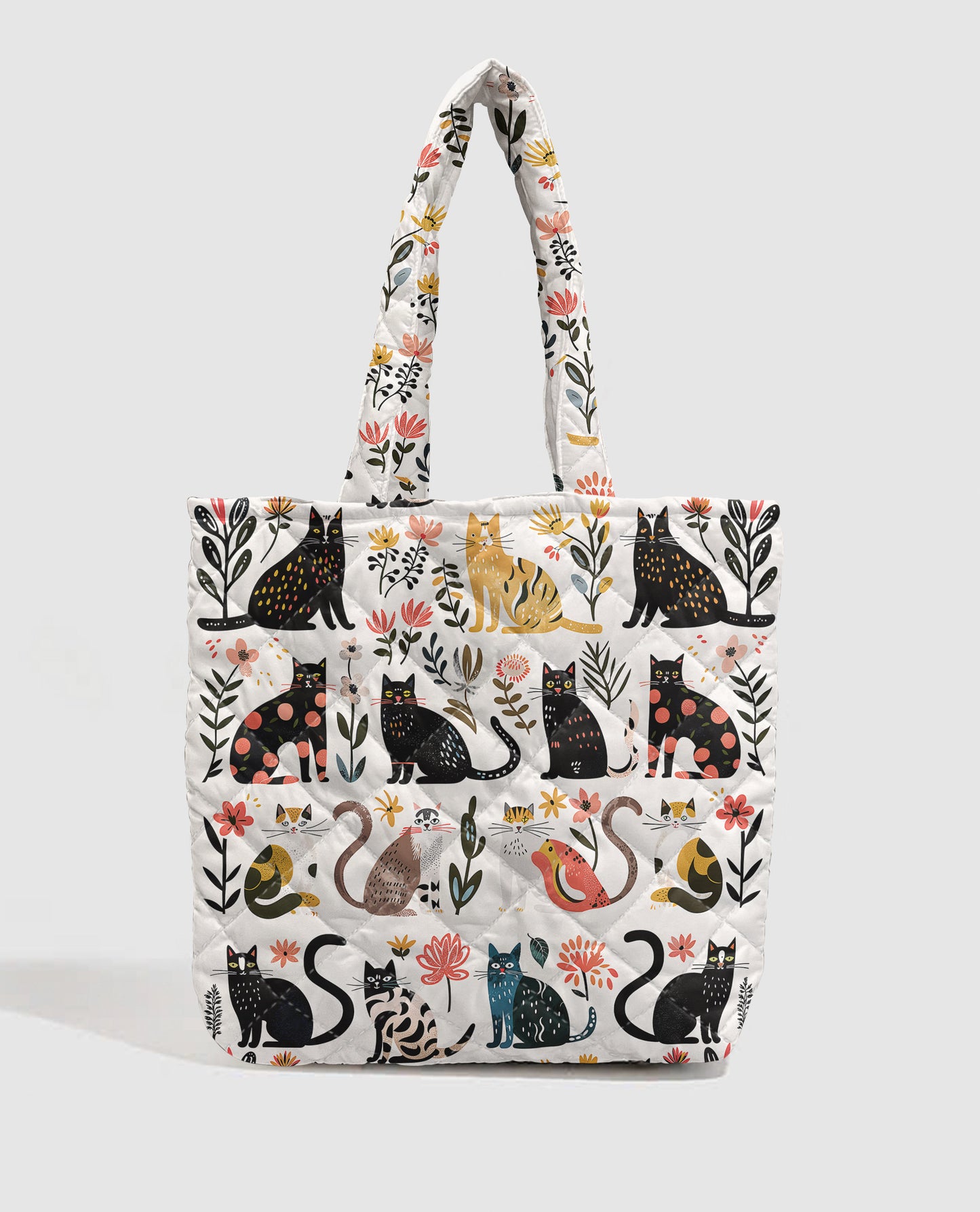 Cat Lover Quilted Tote Bag Botanical Cat Bliss