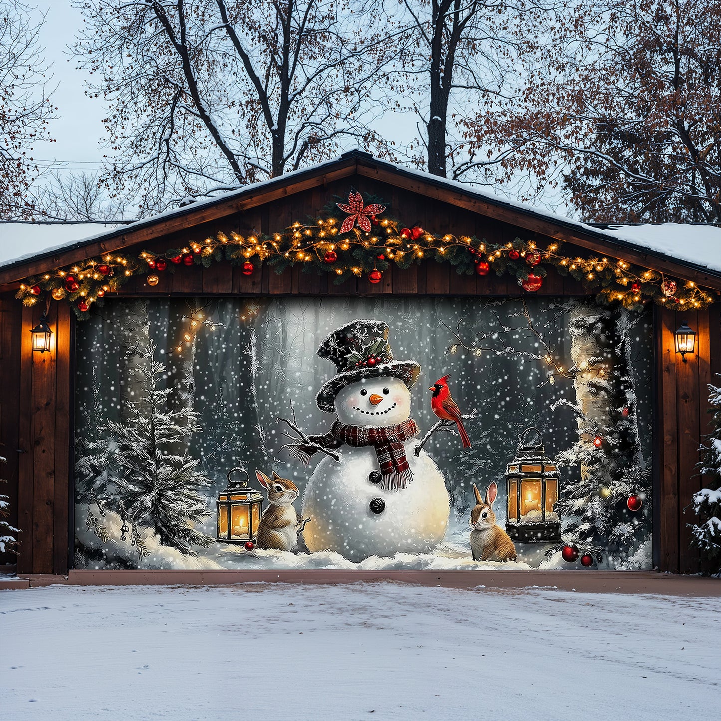 Christmas Garage Door Banner Decoration - Winter Forest Snowman Gathering with Bunnies and Cardinals