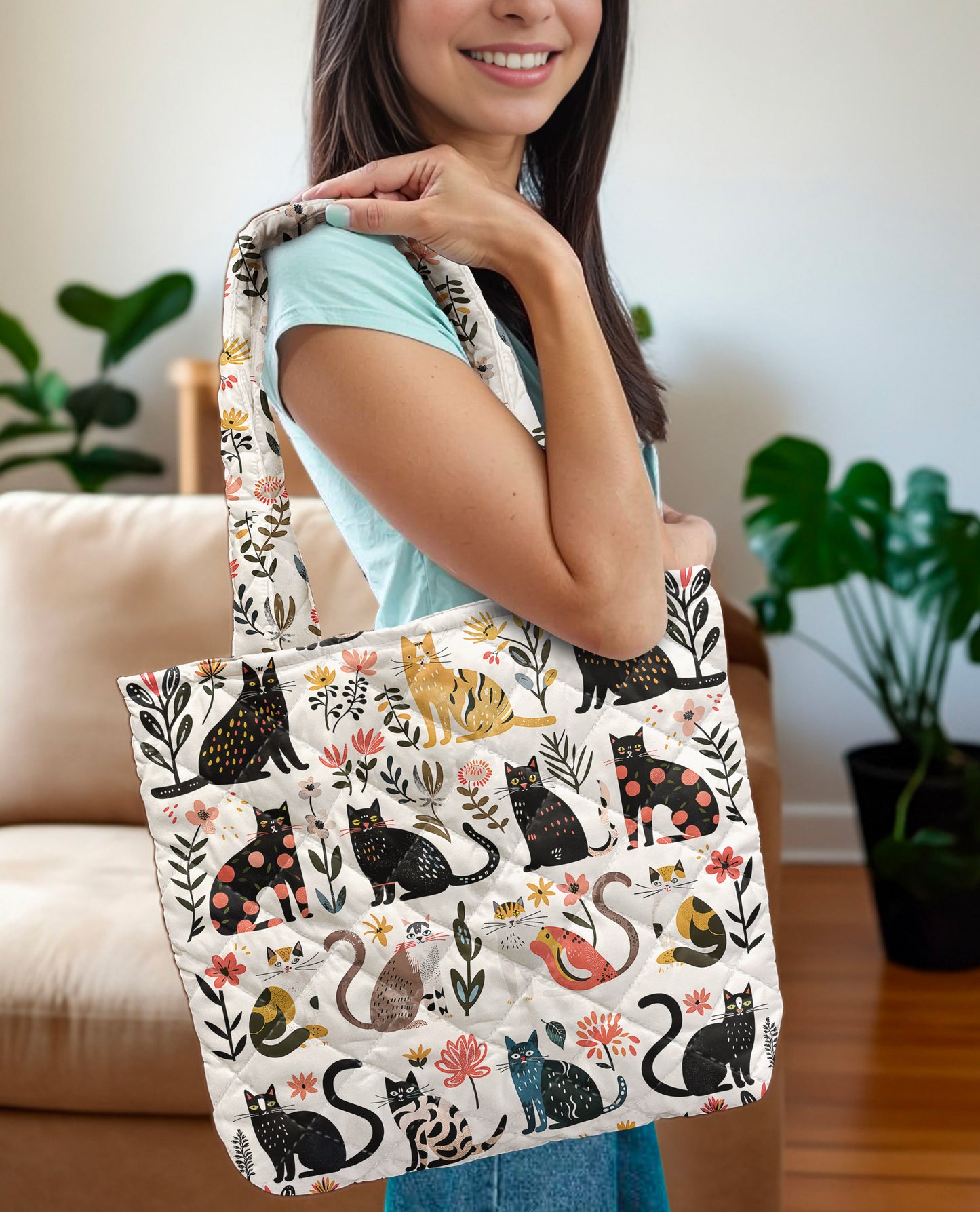 Cat Lover Quilted Tote Bag Botanical Cat Bliss