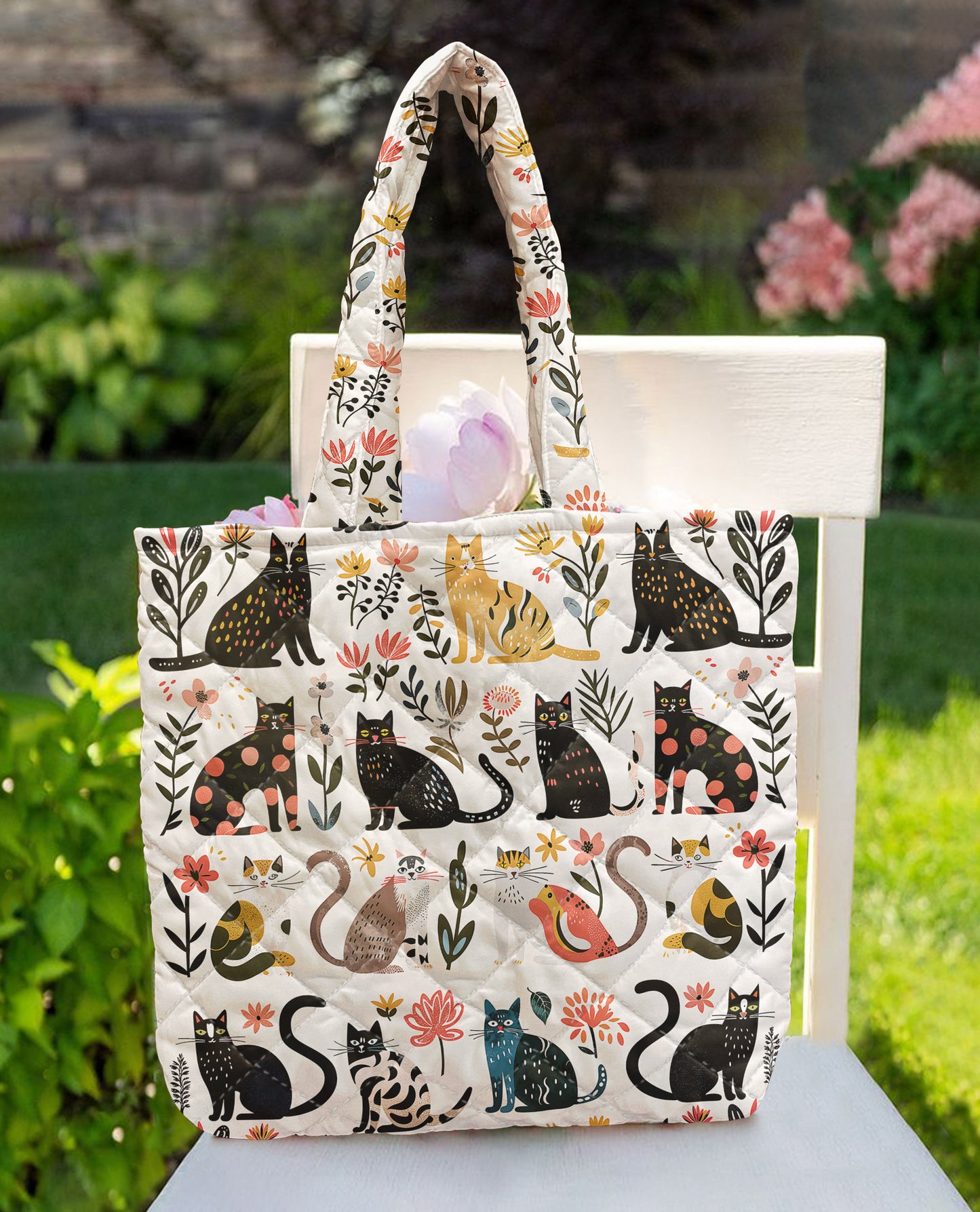 Cat Lover Quilted Tote Bag Botanical Cat Bliss