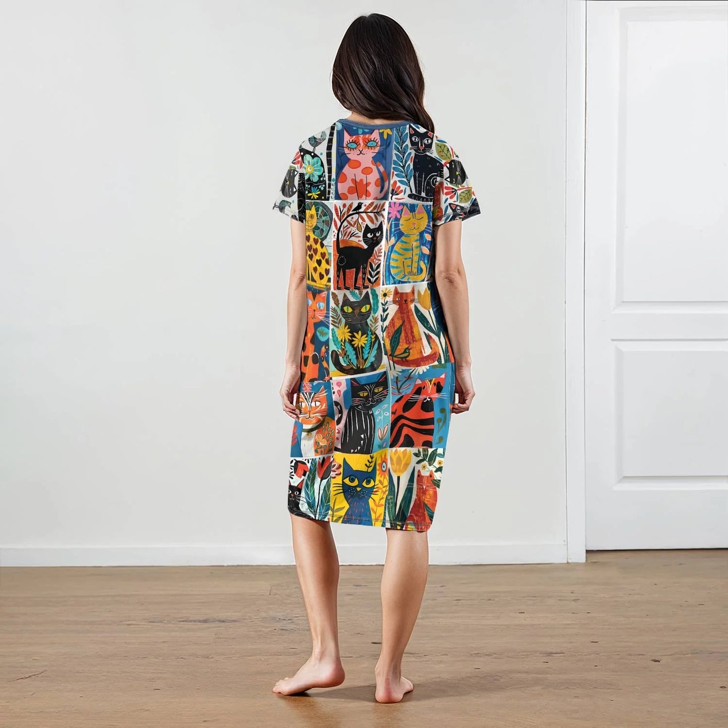 Cat Lover V-neck Nightshirt Folk Feline Fantasy