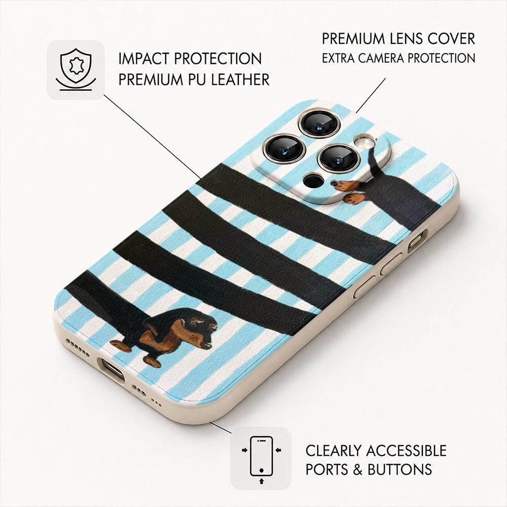 Dachshund Lover Leather Phone Case Adorable Blue Loops - Beige