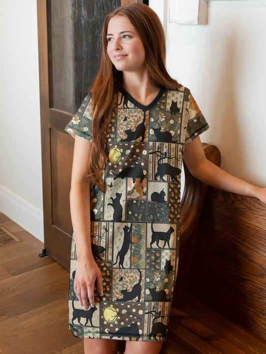 Cat Lover V-neck Nightshirt Beauty Of Night