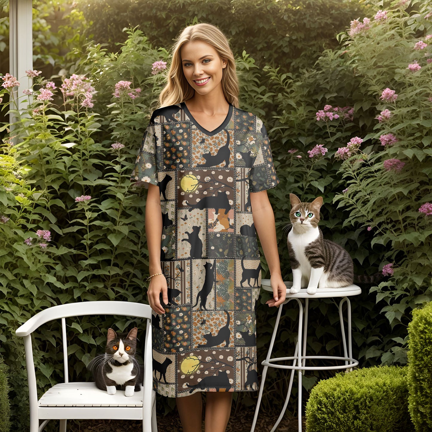 Cat Lover V-neck Nightshirt Beauty Of Night