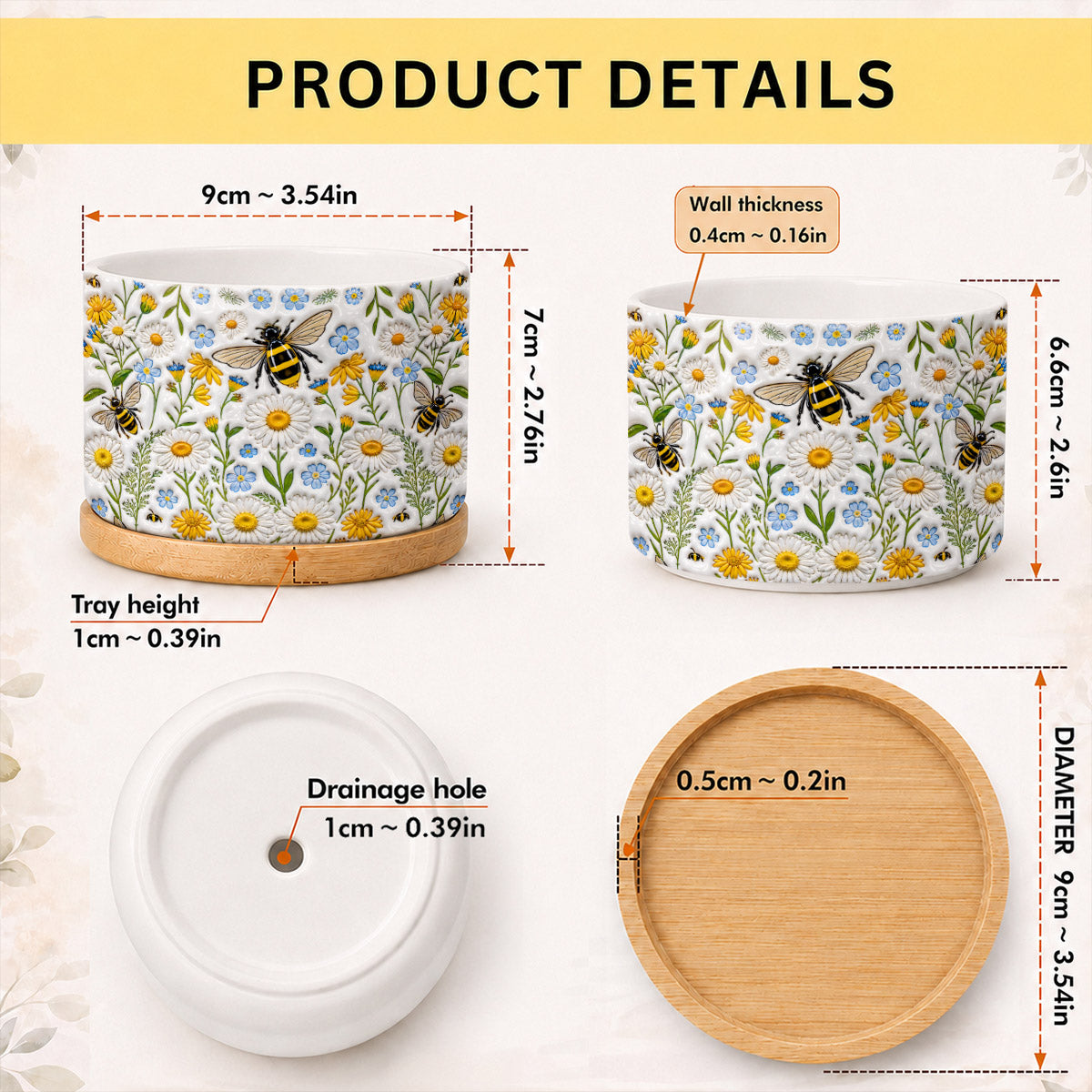 Bee Lover Ceramic Plant Pot with Bamboo Tray Bee Garden Harmony