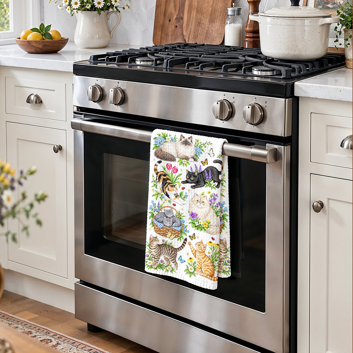 Cat Kitchen Towel Blooming Cat Garden