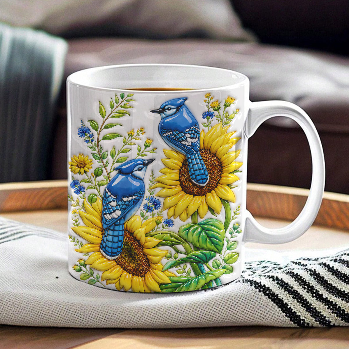 Bird Lovers Ceramic Mug Blue Jays in Golden Bloom