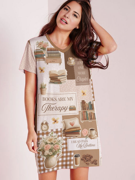 Book Lover V-neck Nightshirt Books Are My Therapy