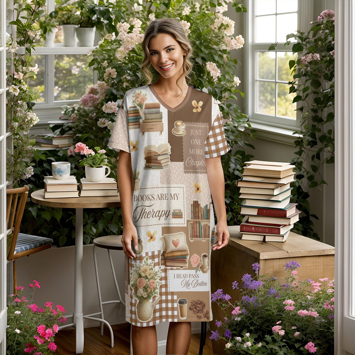 Book Lover V-neck Nightshirt Books Are My Therapy