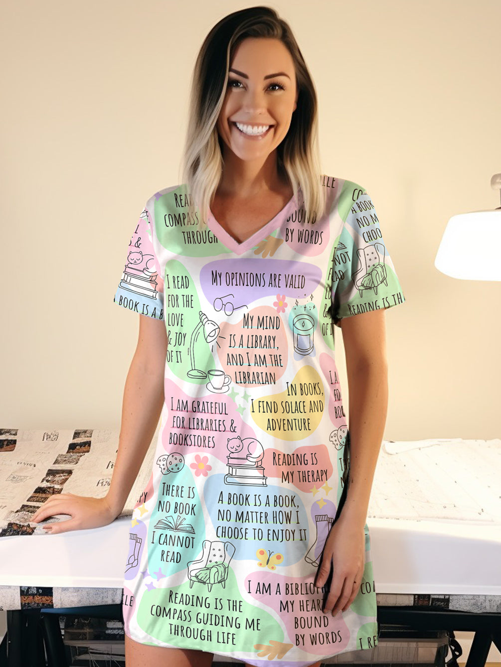 Book Lover V-neck Nightshirt Bookworm Daily Affirmations