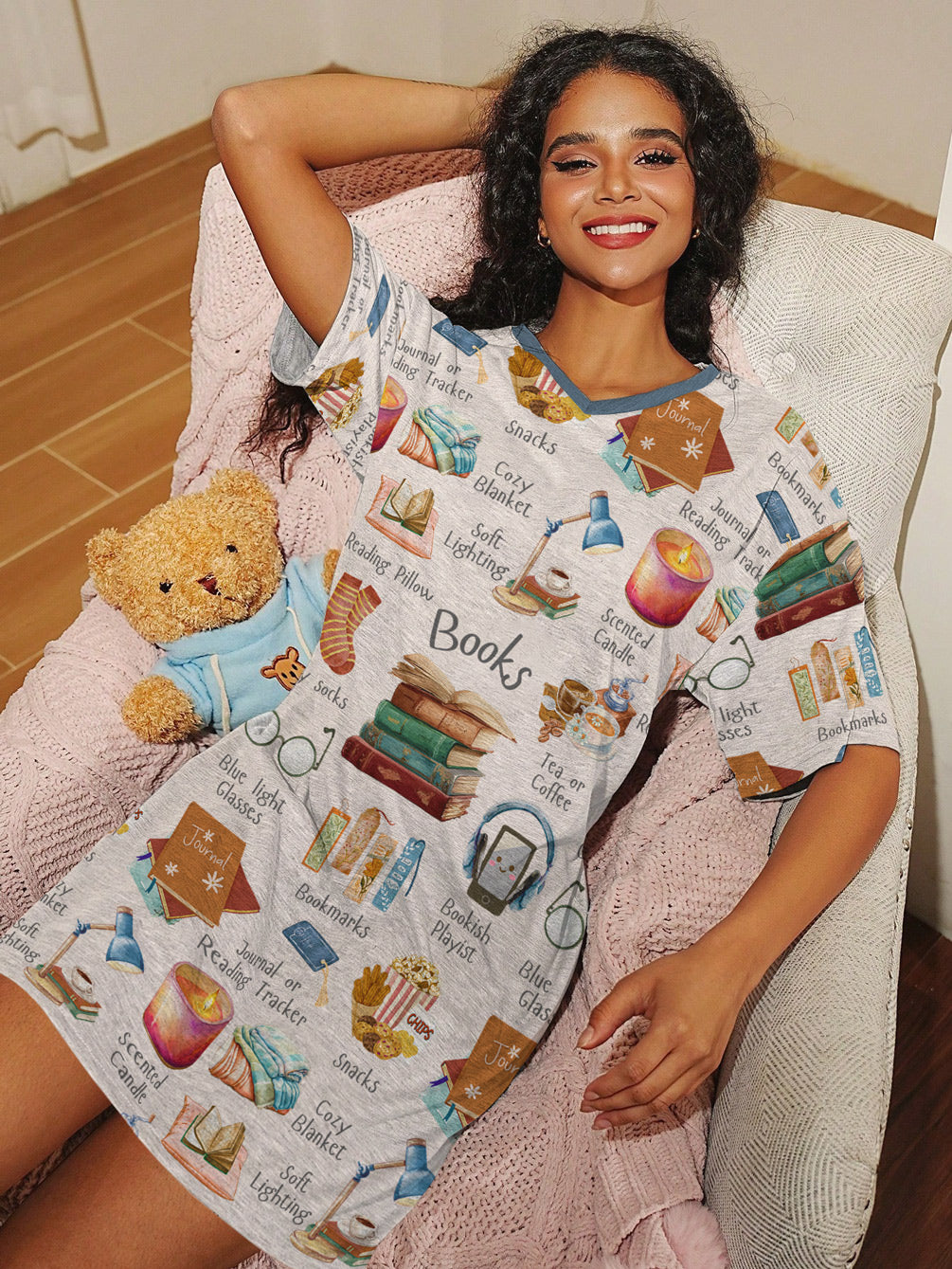 Book Lover V-neck Nightshirt A Bookworm's Belongings