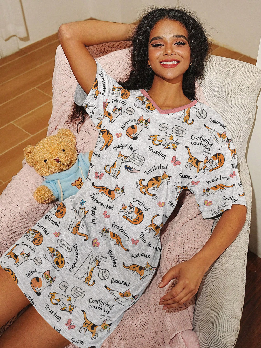 Cat Lover V-neck Nightshirt Cat Language