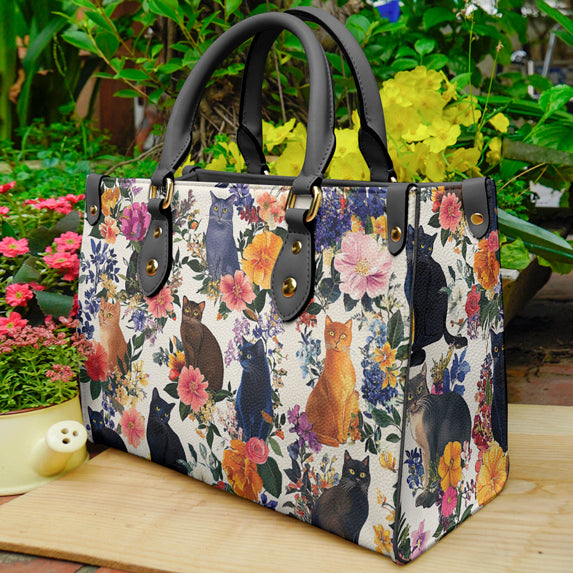 Cat Lover Leather Handbag Charming Blooms