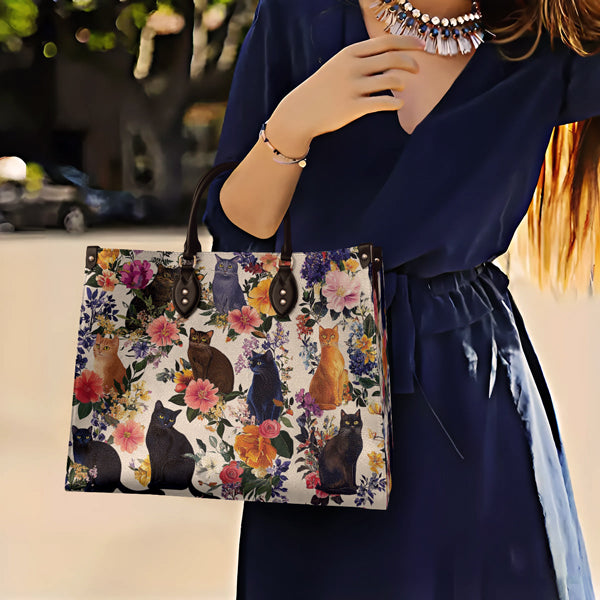 Cat Lover Leather Handbag Charming Blooms