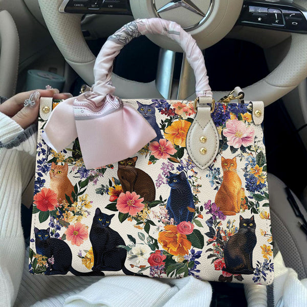 Cat Lover Leather Handbag Charming Blooms
