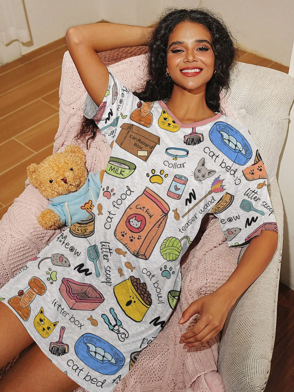 Cat Lover V-neck Nightshirt Cat Mom Life