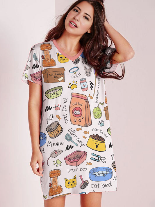 Cat Lover V-neck Nightshirt Cat Mom Life
