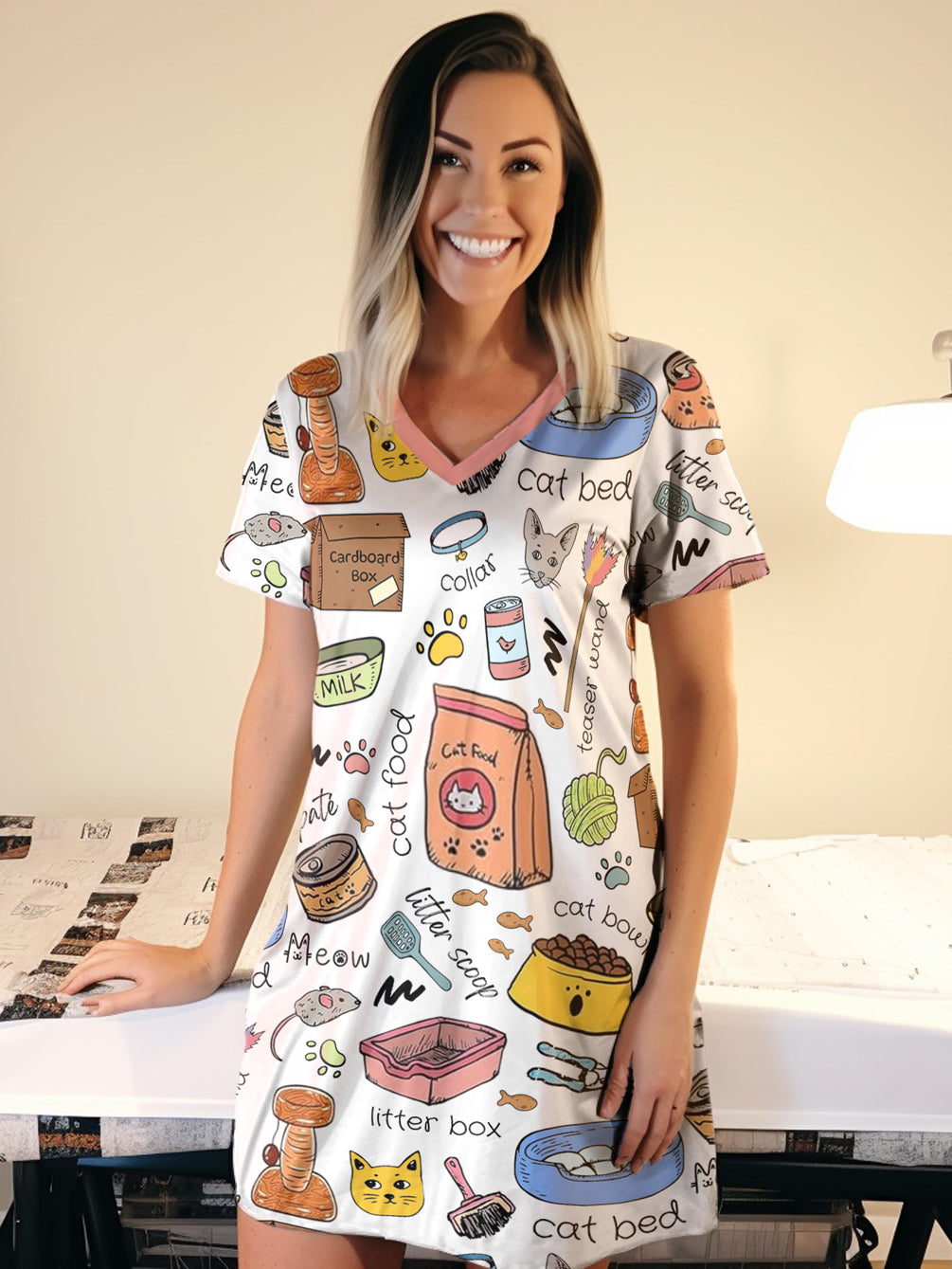 Cat Lover V-neck Nightshirt Cat Mom Life