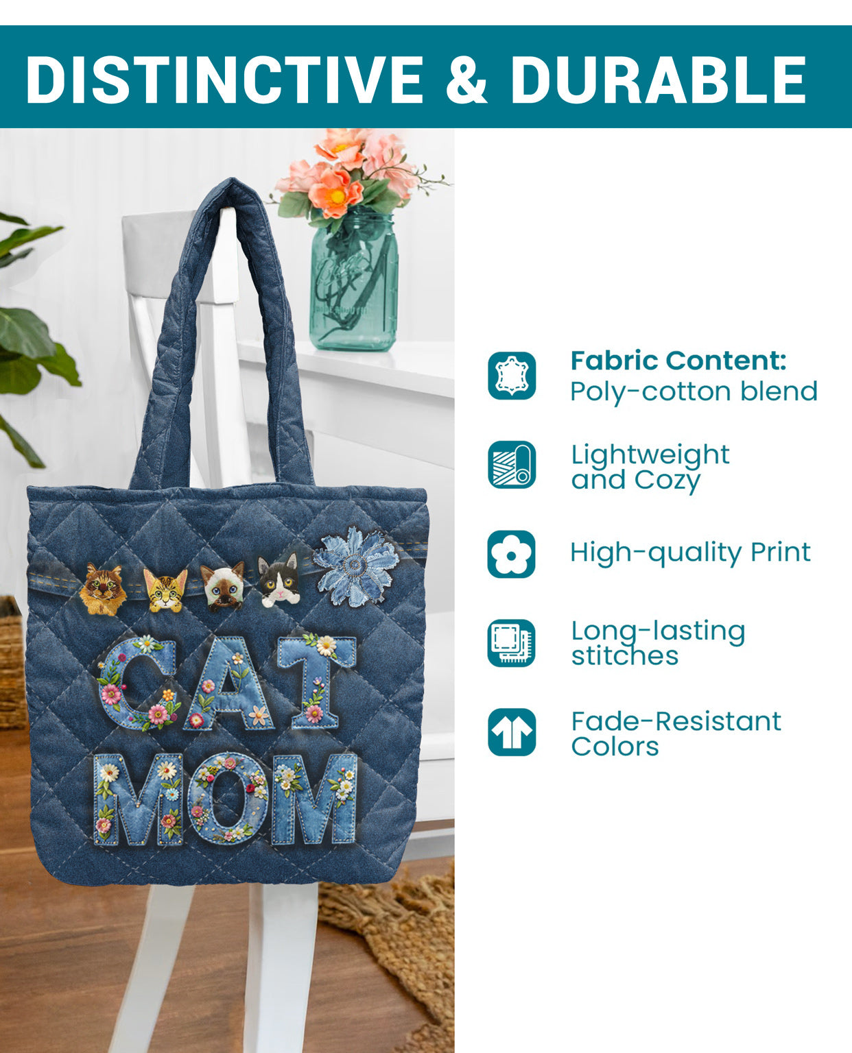Cat Lover 2D Print Quilted Tote Bag Cat Mom