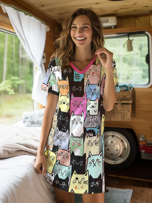 Cat Lover V-neck Nightshirt Colorful Kitty Parade