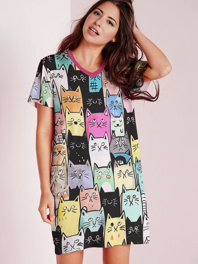 Cat Lover V-neck Nightshirt Colorful Kitty Parade