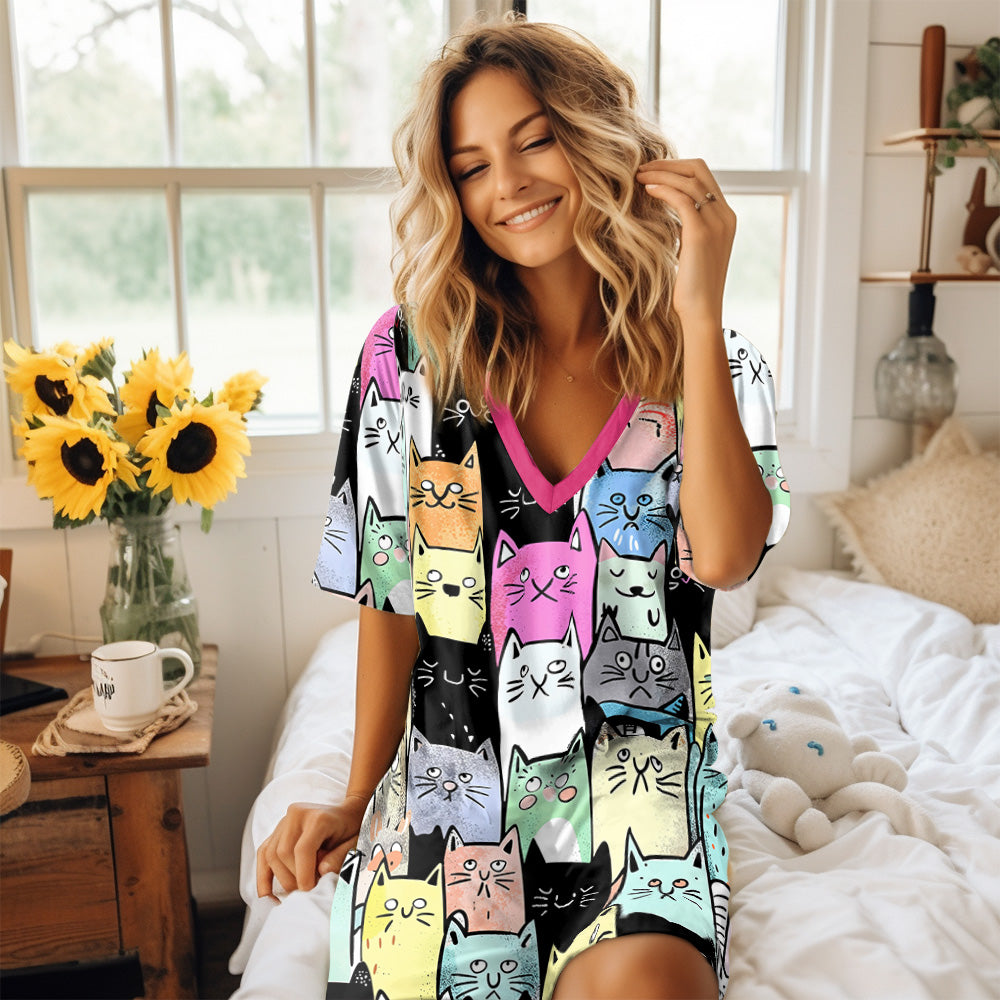 Cat Lover V-neck Nightshirt Colorful Kitty Parade