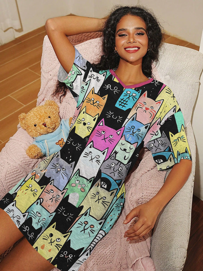 Cat Lover V-neck Nightshirt Colorful Kitty Parade