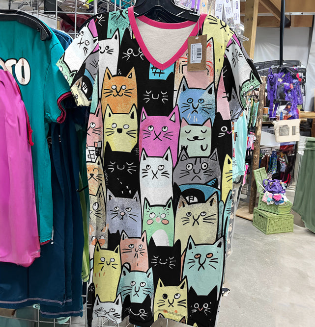 Cat Lover V-neck Nightshirt Colorful Kitty Parade