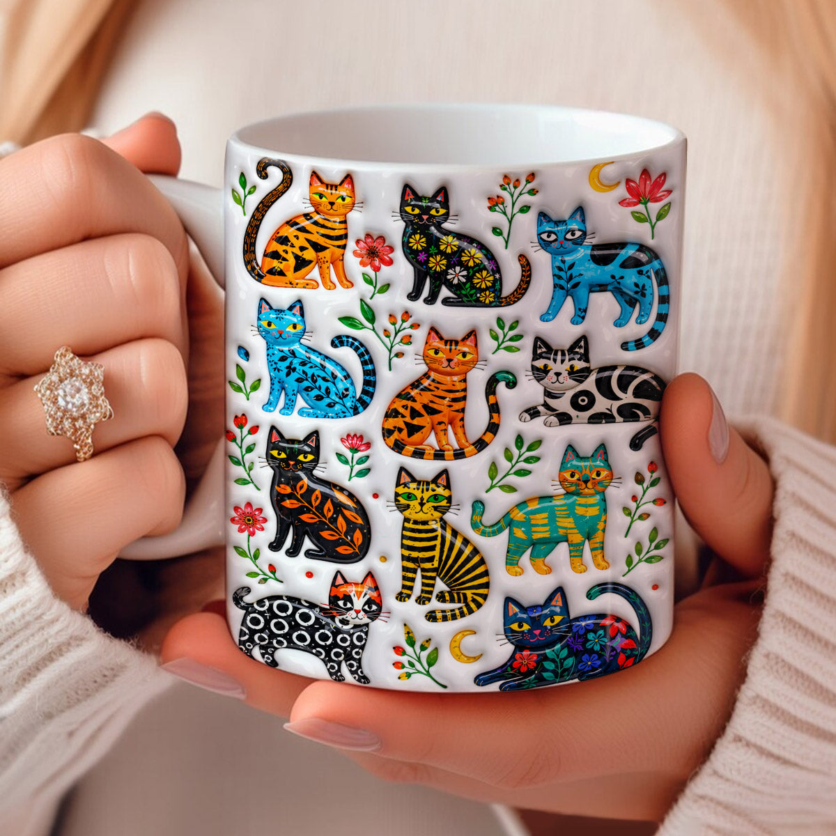 Cat Lover Ceramic Mug Colorful Floral Folk Cat