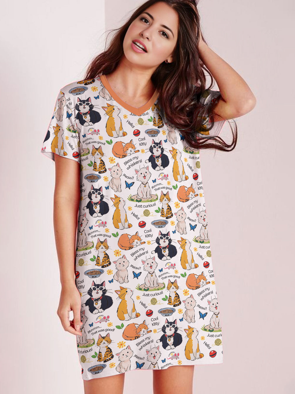 Cat Lover V-neck Nightshirt Cool Kitties
