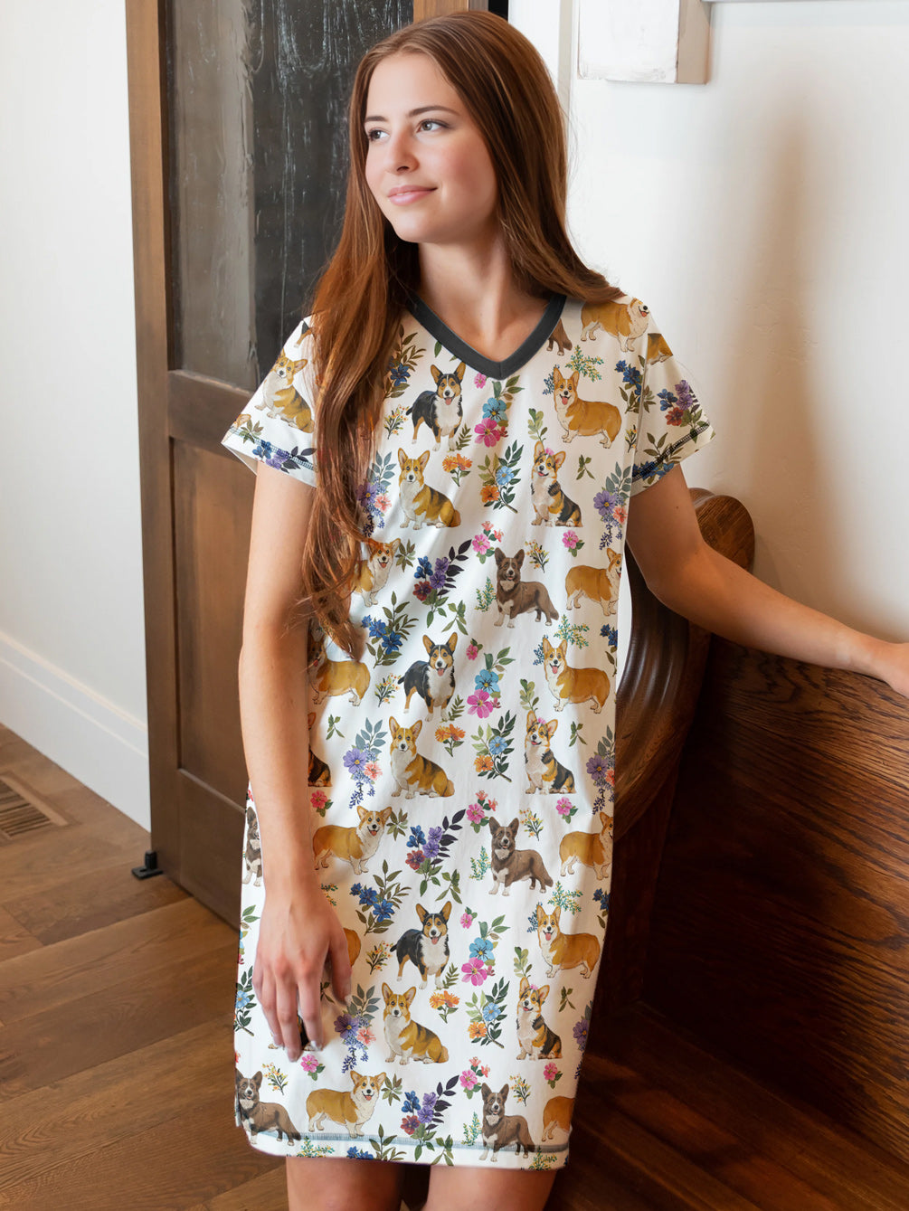 Corgi V-neck Nightshirt Corgi In Bloom