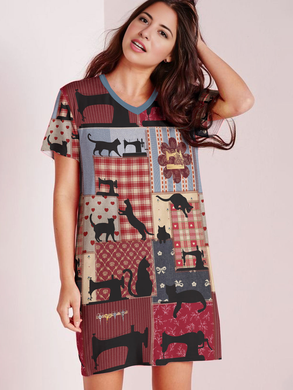 Sewing Lover V-neck Nightshirt Crafty Cat