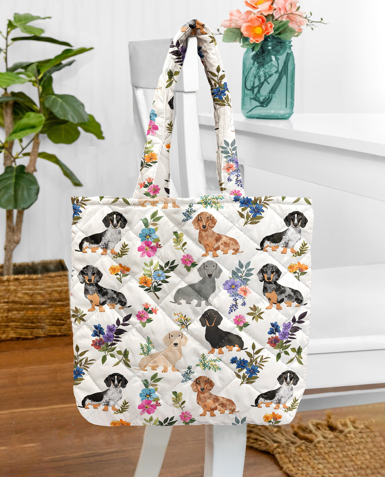 Dachshund Quilted Tote Bag Dachshund In Bloom