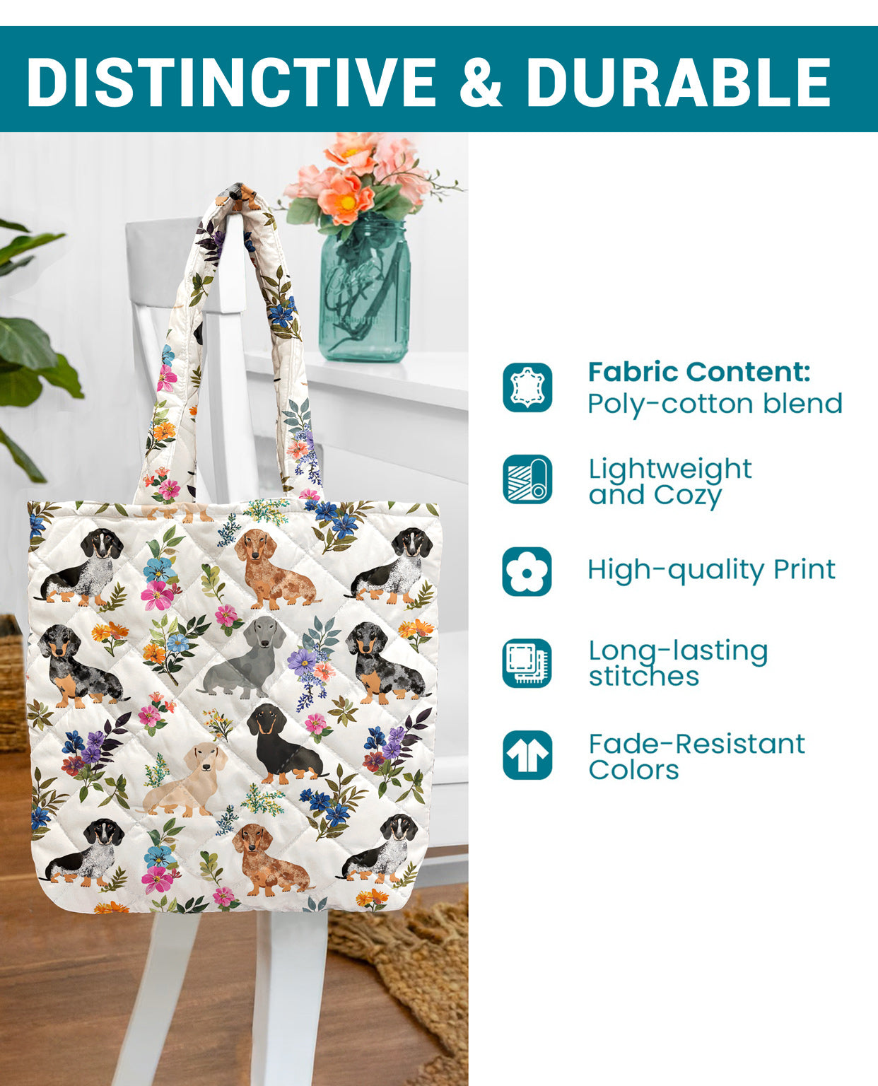 Dachshund Quilted Tote Bag Dachshund In Bloom
