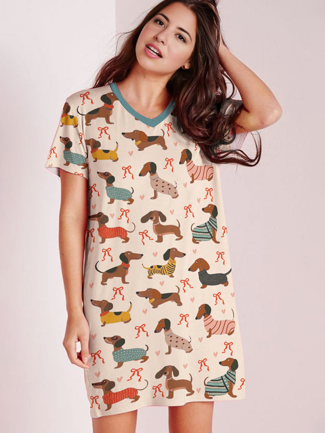 Dachshund V-neck Nightshirt Bark N Bow