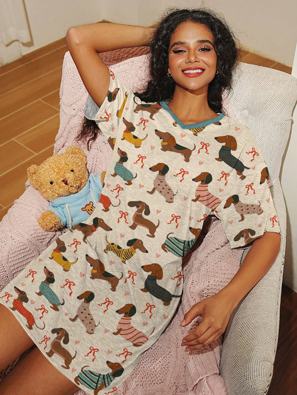 Dachshund V-neck Nightshirt Bark N Bow