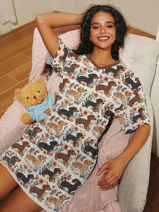 Dachshund V-neck Nightshirt Blossom And Bark