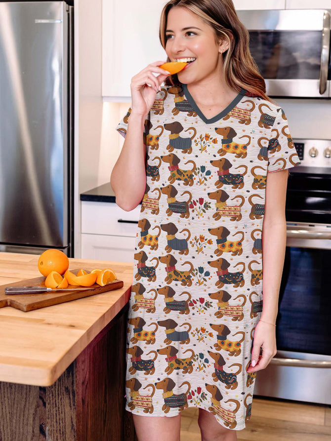 Dachshund V-neck Nightshirt Chic Doxie Dreams