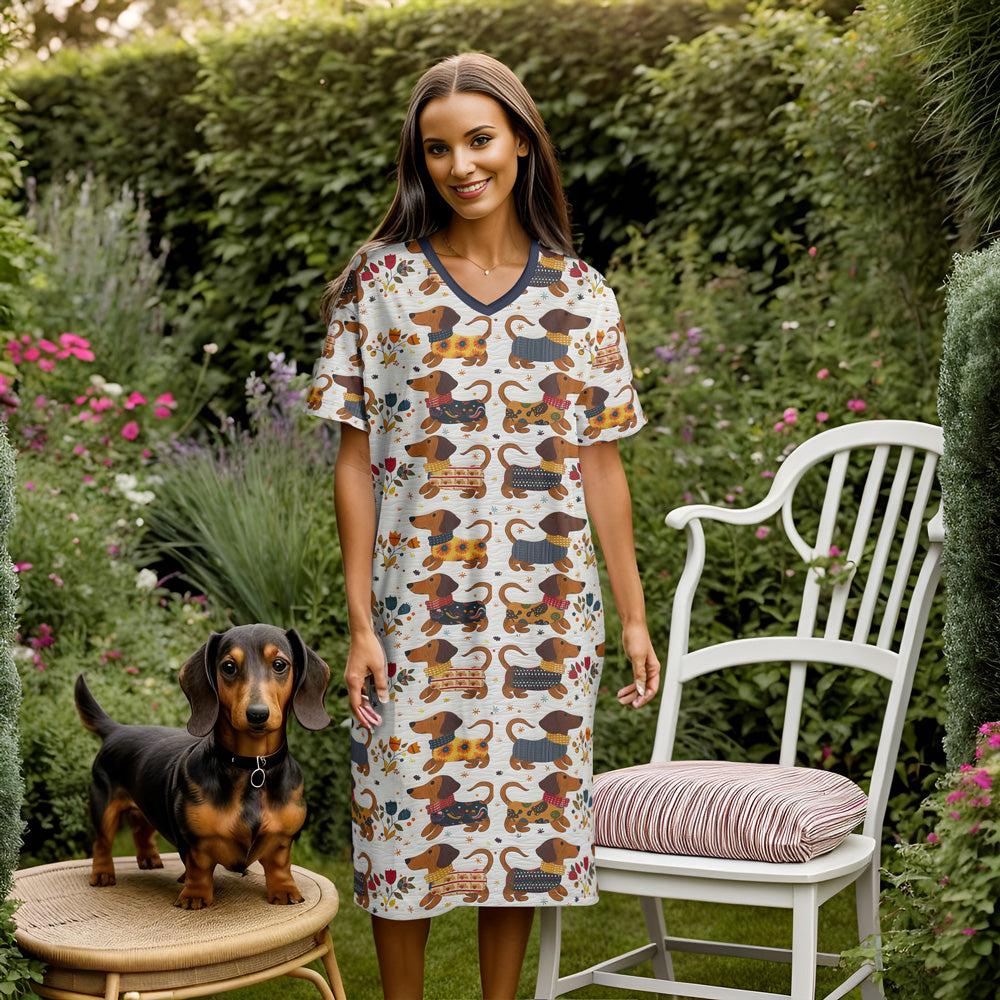 Dachshund V-neck Nightshirt Chic Doxie Dreams