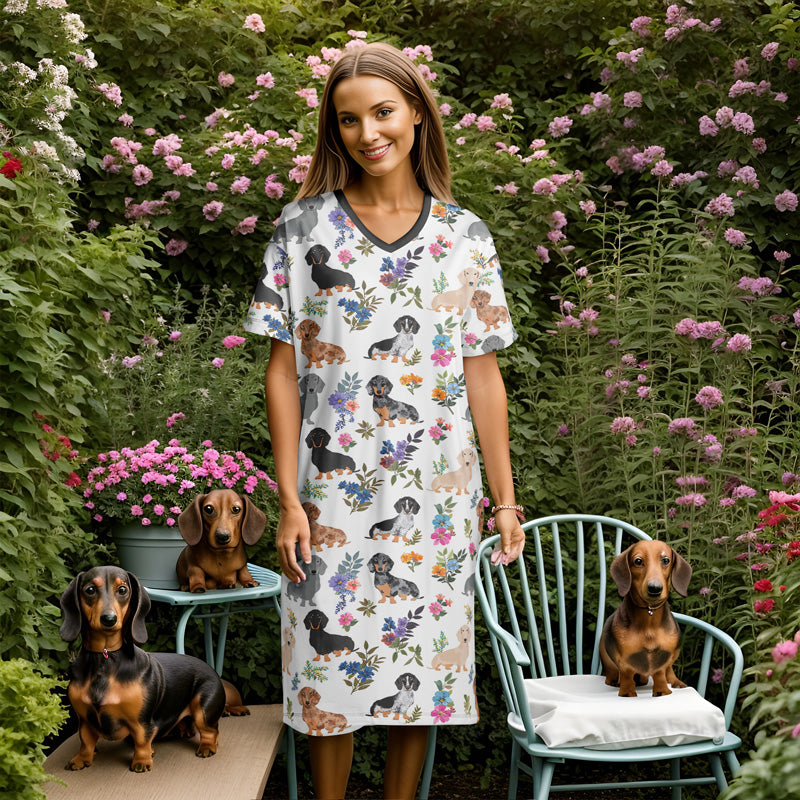 Dachshund V-neck Nightshirt Dachshund In Bloom