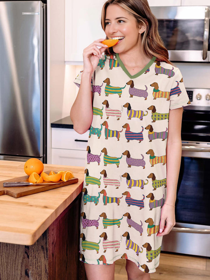 Dachshund V-neck Nightshirt Wiener in Stripes