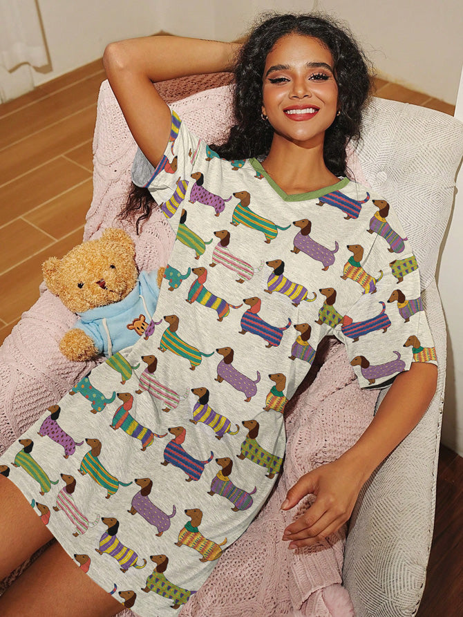 Dachshund V-neck Nightshirt Wiener in Stripes