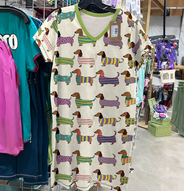 Dachshund V-neck Nightshirt Wiener in Stripes