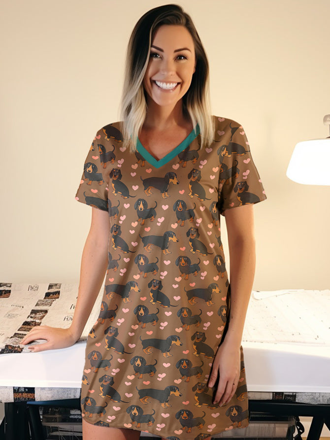 Dachshund V-neck Nightshirt Doxie Love Snuggles